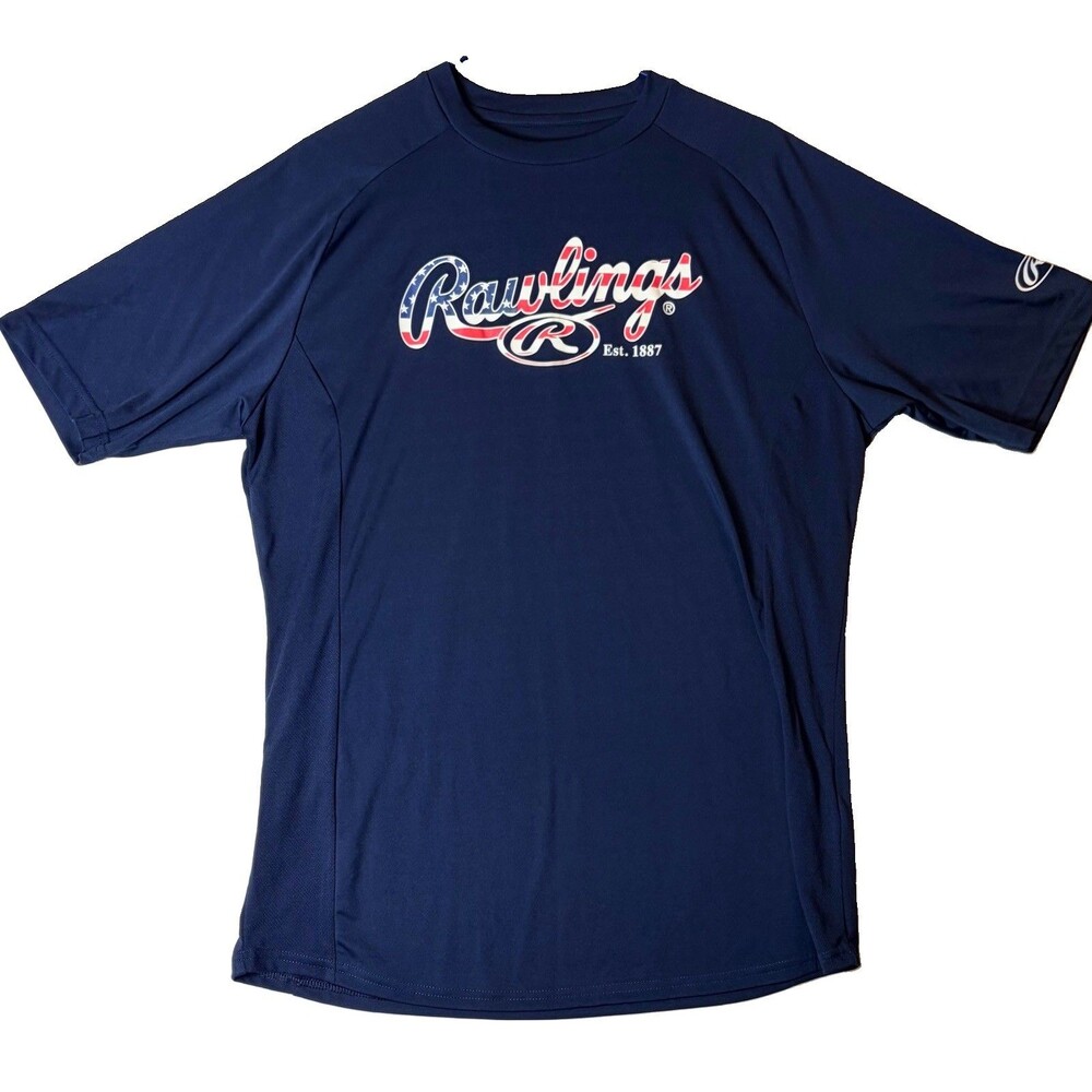 Rawlings SS T-Shirt Baseball Red White Blue On Navy Vented Performance Men’s L